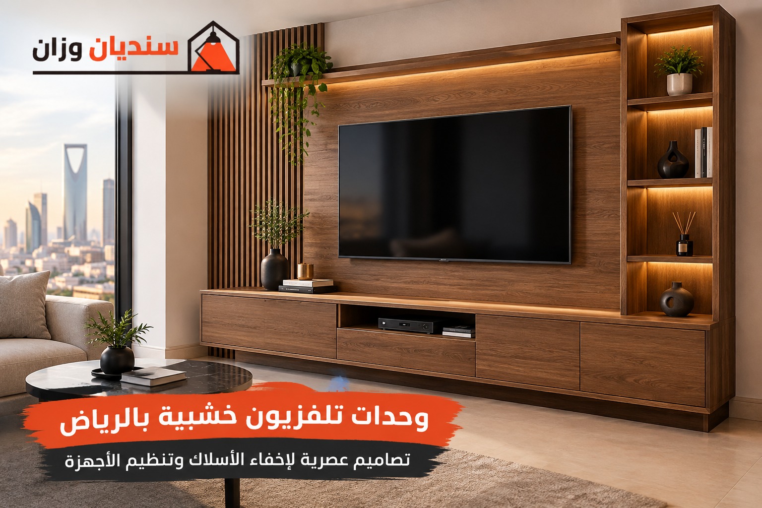 وحدات تلفزيون خشبية بالرياض بتصميم عصري لتنظيم الأجهزة